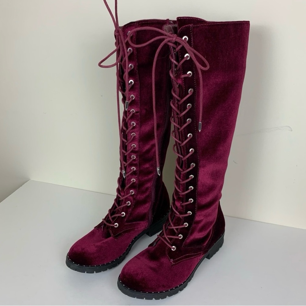 Justfab Ramona Burgundy Velvet Lace-up Boots NWOB